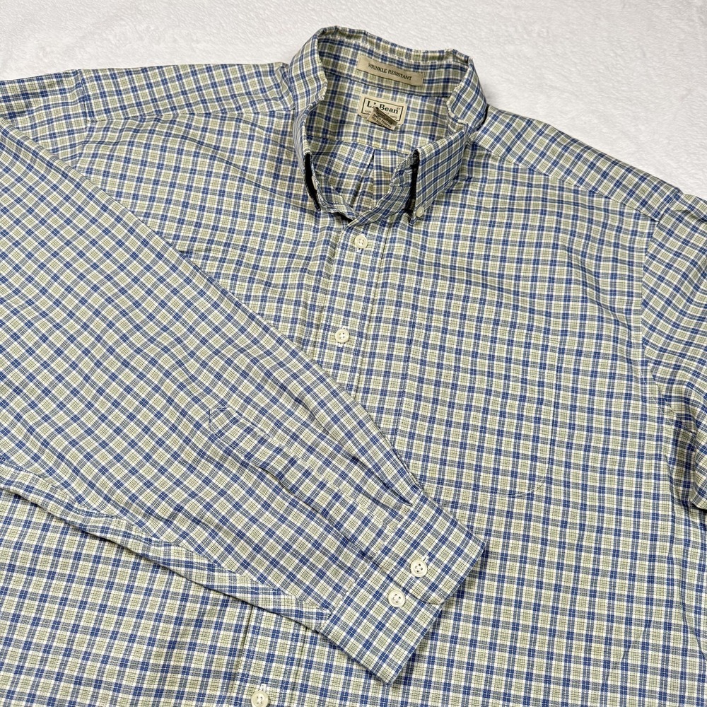 L.L.Bean Shirt Mens XLT Blue Green‎ Plaid Wrinkle Resistant Button Down Casual